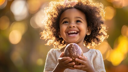 Naklejka premium Joyful child holds chocolate egg, surrounded by vibrant spring c