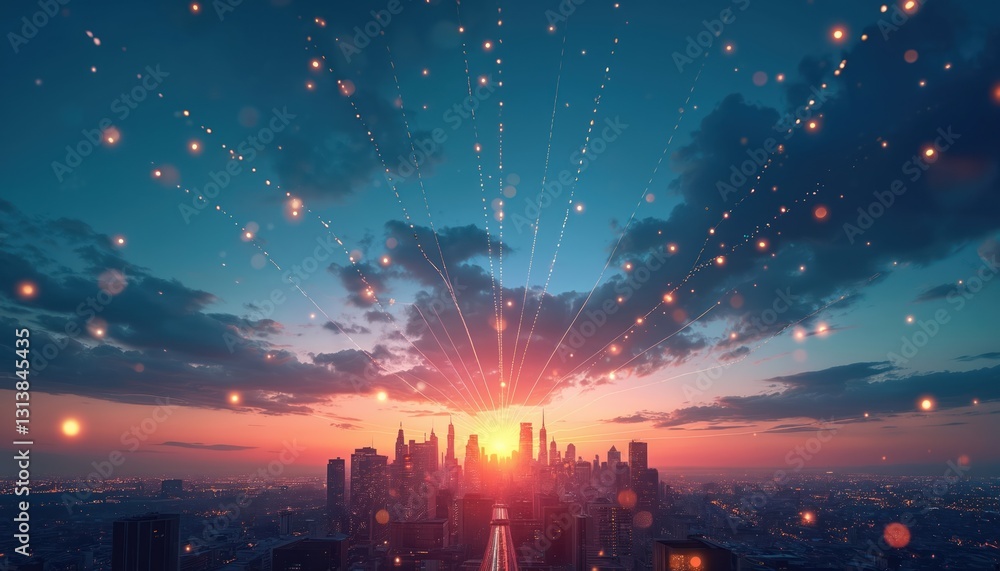 Poster city skyline at sunset with network of lines dots. futuristic cityscape panorama against cloudy sky.