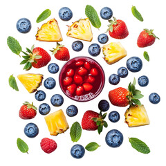 Fresh Blueberries Pineapple and Strawberries Isolated on Transparent Background
