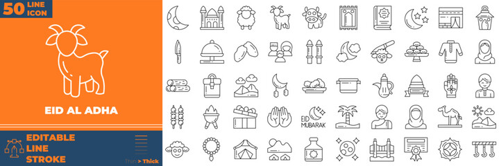 Naklejka premium Eid Al Adha Line Editable Icons set