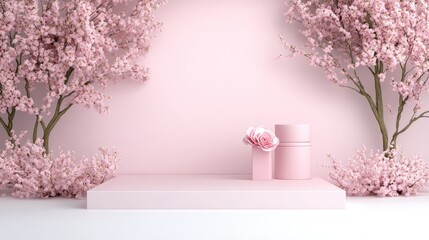Obraz premium Pink Blossom Paradise: Elegant Product Display with Cherry Trees