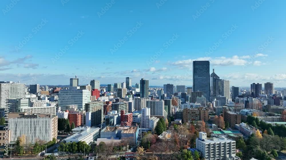 Aufkleber 都市、街、建設、ドローン、空撮、進化、開発、発展、将来、未来、展望、ビジネス、経済、社会、俯瞰、ハイアングル、風景、パノラマ、地平線、景色、景観、現代、建築、ビル、ビル群、不動産、高層ビル、摩天楼、都会、日本、観光、旅行、青空、コピースペース、昼間、晴れ、明るい、自然、公共、企業、インフラ、産業、交通、住宅、地方、時代、60p、飛行、ドリーアウト