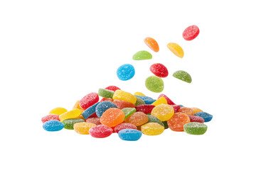 Sugary Candies &ndash; Sugar-dusted, brightly colored sweets drop onto a textured pile, their translucent, gummy surfaces sparkling with crystalline granules, isolated on a transparent background