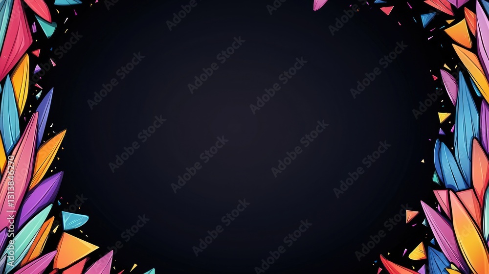 Poster colorful abstract shards framing deep blue background, creating dynamic, decorative border effect