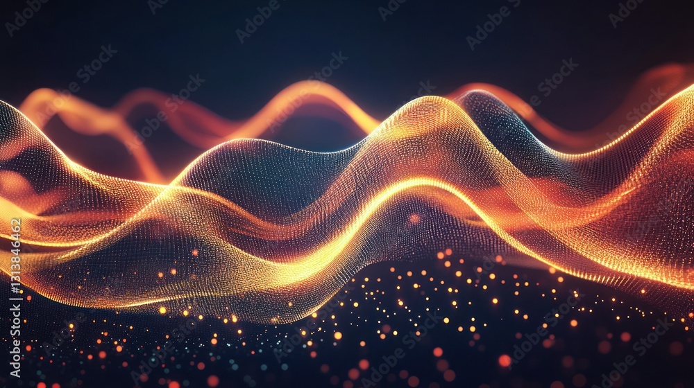 Poster glowing orange wavy particle streams floating in a dark space