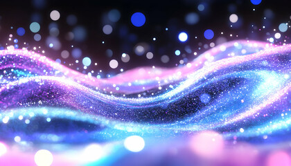 Glowing, swirling particles form abstract waves with bokeh lights