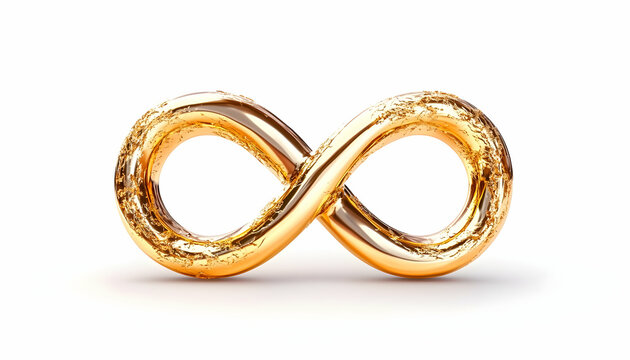 Gold infinity symbol with textured surface, isolated on white background