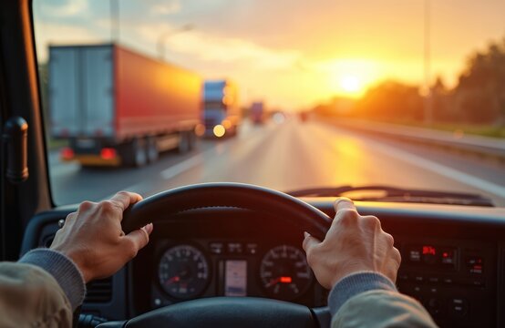 POV shot of driver holding steering wheel in truck, bus at sunset. Chauffeur drives lorry to deliver freight, cargo shipping service. Journey, travel. Drivers hands on wheel on highway road. Commerce.