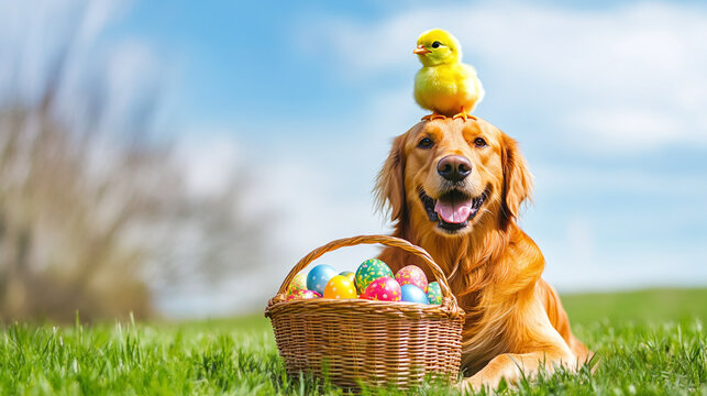 Cute funny chick sits on golden retriever dog head near wicker easter basket with colorful eggs on lawn
