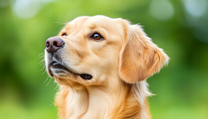 Golden retriever head shot, alert expression, lush green background
