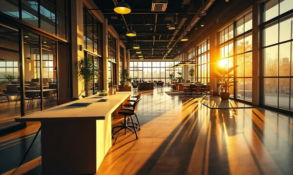 Sunlit Modern Office Space: Warm, inviting workspace with natural light