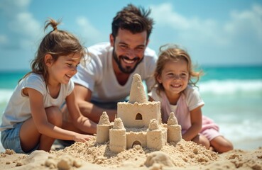 Happy family with two daughters builds sandcastle on beach. Smiling father and little girls play with sand. Summer vacation at sea. Happy childhood moments, family values, fatherhood.