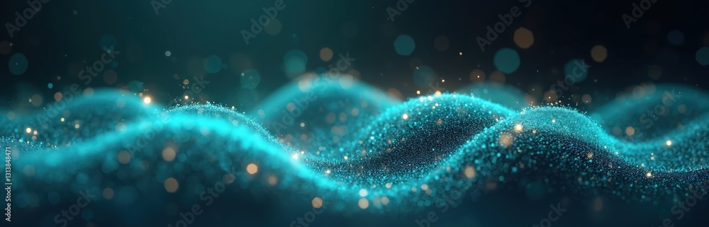 Poster Abstract background with blue blurred digital particle waves. Light orange bokeh dots pattern. Modern tech wallpaper, graphic design for banners, presentations, promo materials, advertising