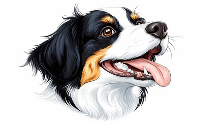 Fototapeta premium Happy tri-colored dog head portrait, detailed fur, expressive eyes, panting tongue
