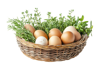 fresh organic eggs in wicker basket with rosemary, thyme and green herbs.