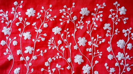 A beautifully embroidered white thread floral butta design on soft red cotton fabric, capturing the richness of detailed needlework.