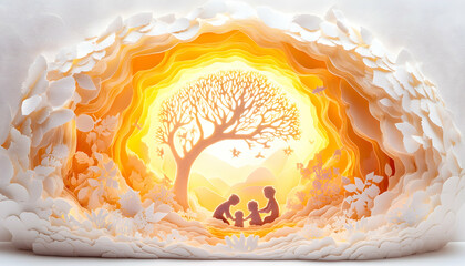 Intricate paper-cut art depicting a family under a tree in a sunlit cave-like setting