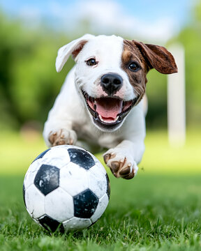 Joyful puppy mid-air, chasing soccer ball on grassy field