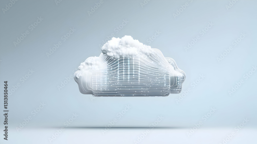 Poster pixelated cloud depicting digital data storage and cloud computing technology against a soft blue ba