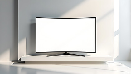 Fototapeta premium Minimalist curved TV on white stand with bright lighting.