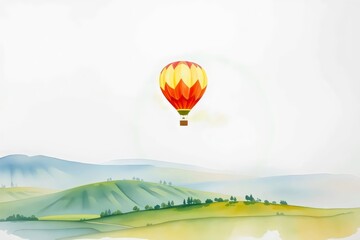 Fototapeta premium Soaring Dreams: A vibrant hot air balloon ascends over a picturesque landscape of rolling hills and a serene body of water, symbolizing freedom, adventure, and the pursuit of aspirations. 