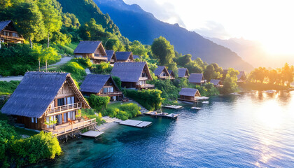 Naklejka premium Lakeside village of idyllic thatched-roof houses nestled on a hillside at sunset