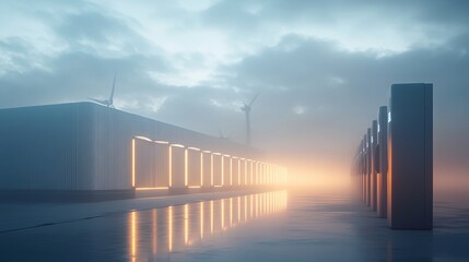 This image captures a contemporary industrial building enveloped in mist, featuring glowing lights and wind turbines nearby, creating a serene atmosphere.