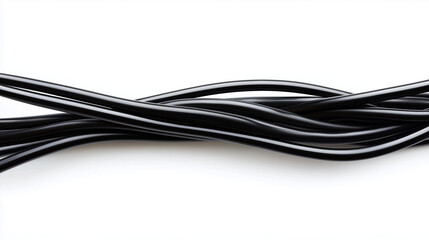 A black wire cable is isolated on a white background, creating a sleek and minimalist abstraction.

