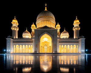 Fototapeta premium Majestic illuminated mosque at night, reflecting in still water