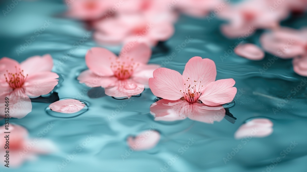 Poster Cherry blossoms floating on water surface create a serene and tranquil atmosphere in a calm setting during springtime