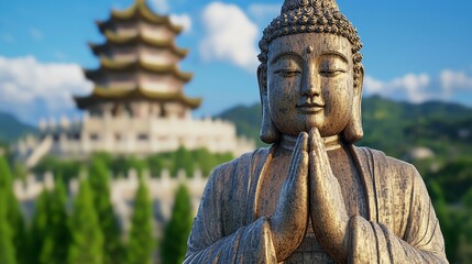 Obraz premium Serene Bronze Buddha Statue Before a Golden Pagoda and Mountain Landscape