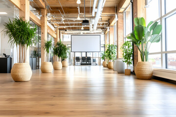 Modern office hallway with hardwood floors, large windows, potted plants, and a projection screen