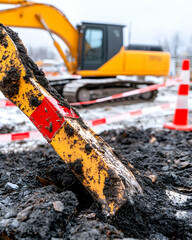 Mud-caked excavator bucket at construction site