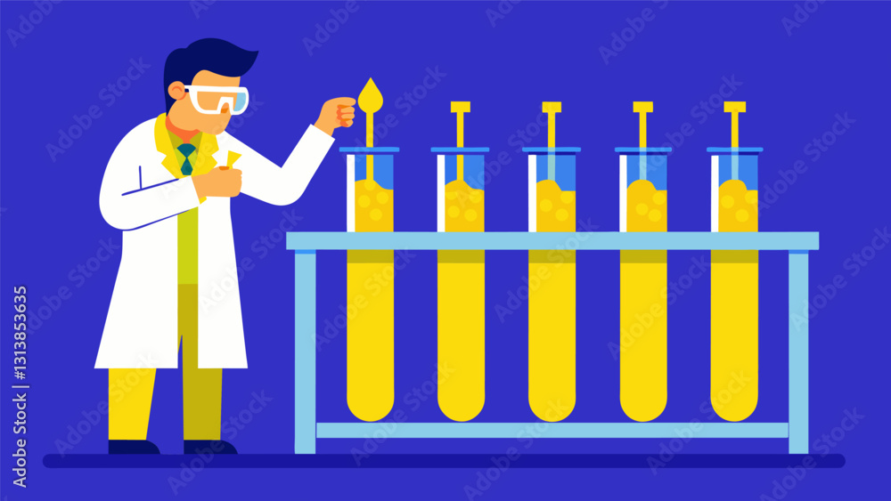 Poster test tubes filled with bright yellow liquids sit in a rack as a scientist adds a drop of reagent to 