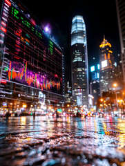 Fototapeta na wymiar Night city street reflecting illuminated stock ticker and skyscrapers in rain