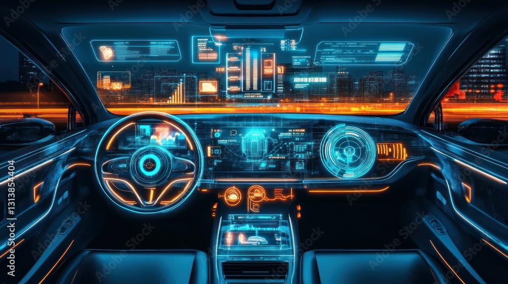 Poster futuristic interior displaying navigation and data systems inside a car