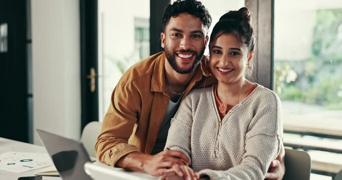 Face, talk and couple on laptop for finance, online planning or investment banking with report in home. Bills, happy man and woman on tablet for budget, savings or help partner with asset management