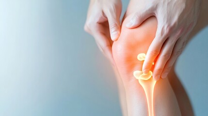 Naklejka premium Knee pain relief technique used by a person at home for joint health improvement in the morning light