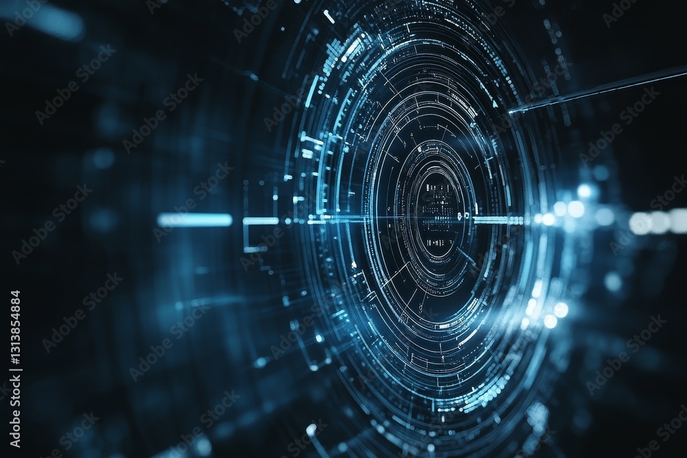 Poster a captivating abstract digital background featuring glowing circles and lines in blue tones, evoking