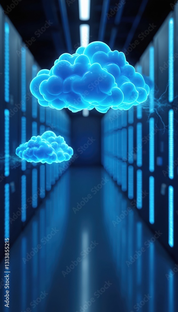 Aufkleber Two blue 3D clouds float over rows of glowing servers in dark data center. Digital cyberspace with data storage, high tech network connection. Concept of modern cloud computing, data transfer, online