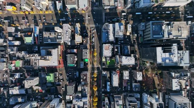 空撮、都市、都会、市街地、町並み、街、真俯瞰、真上、ドローン、社会、道路、交通、ビジネス、産業、建設、開発、成長、発展、風景、景色、不動産、ゼネコン、地域、地方、日本、モビリティ、自動車、ビル、建物、建築、時代、テクノロジー、屋上、俯瞰、ハイアングル、見下ろす、上から見た、上空、飛行、区画、企業、現代、景観、晴れ、明るい、未来、将来、前進、60p、進歩