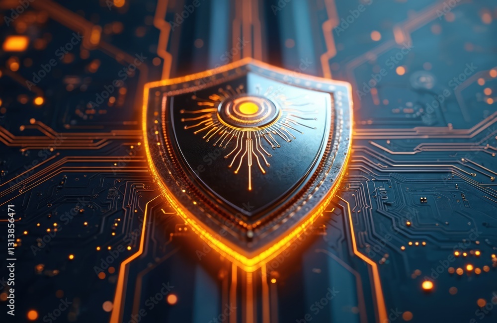 Poster cyber security shield protects data. digital abstract futuristic blue background. shield with glowin