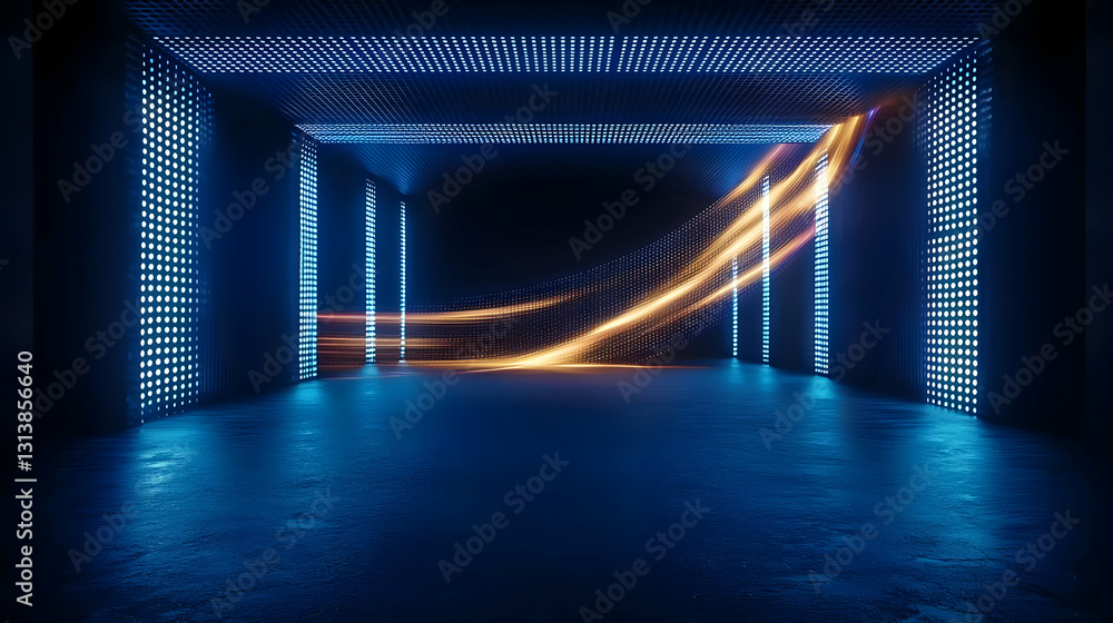 Poster futuristic stage design with illuminated blue columns and orange sparkles in empty dark space with g