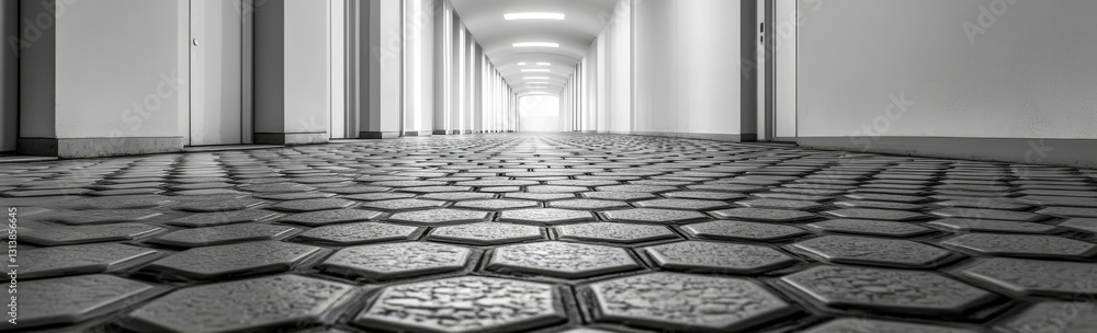 Poster perspective view drawing of flooring tiles displaying a hexagon pattern and an outline