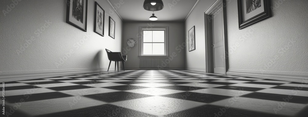 Poster a black and white illustration in perspective view of square tiles arranged in a harlequin pattern o