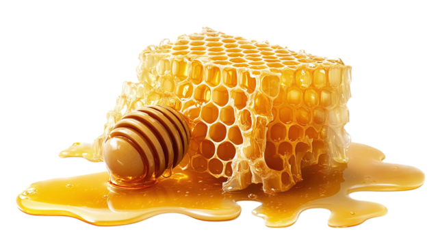 Honeycomb with honey droplets, isolated on transparent background