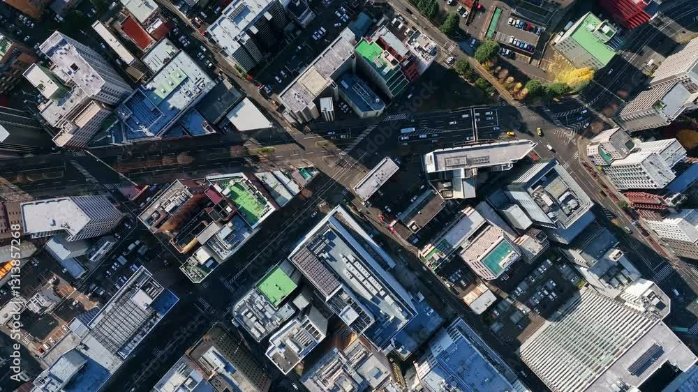 Leinwandbilder 都市、空撮、都会、街、町並み、社会、真俯瞰、ドローン、建設、産業、ビジネス、開発、日本、時代、道路、交通、俯瞰、ハイアングル、景観、上から見た、見下ろす、現代、景色、建築、ビル、ビル群、風景、不動産、高層ビル、観光、旅行、地域、行政、経済、公共、将来、進歩、発展、成長、屋上、インフラ、繁華街、自動車、真上、暮らし、防災、鳥瞰図、住宅、モビリティ、60p