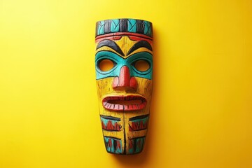 Bold and colorful tiki mask on a yellow background, adding a tropical flair to any space