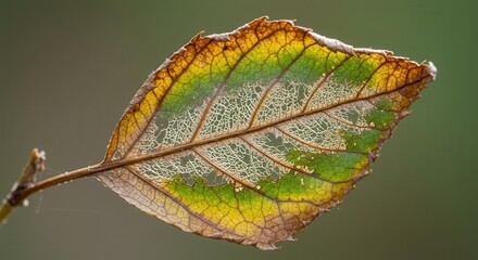 Detailed Decaying Leaf with Visible Veins and Autumn Colors on Branch