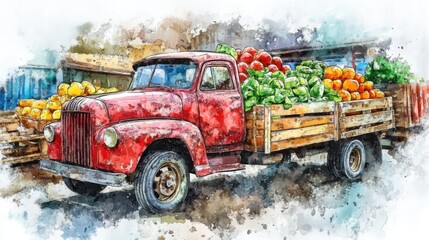 Red Vintage Truck Loaded with Fresh Produce